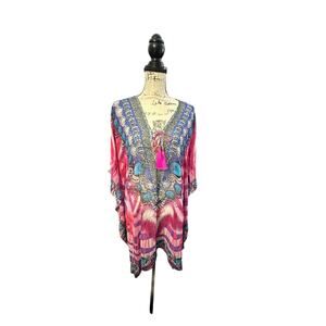 Vibrant Free Colours Jeweled Kaftan Tunic Top – One Size – Boho Beachwear